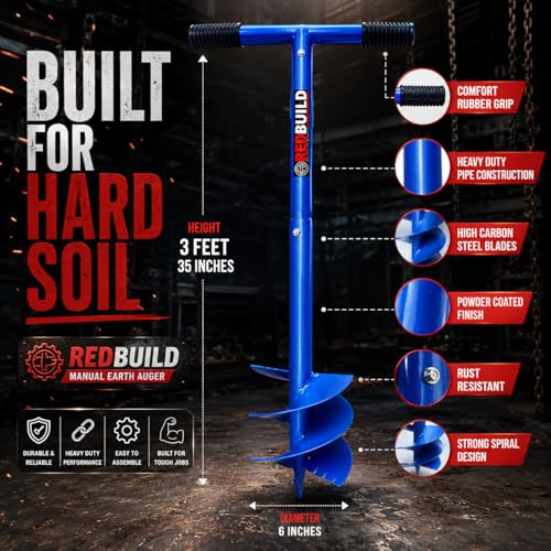 Image of REDBUILD Earth Auger Hole Digger 6 Inches, Farming Tools for Agriculture | Earth Auger Machine | Agriculture Tools for Farming | Post Hole Digger (6 INCH, Short Blade)