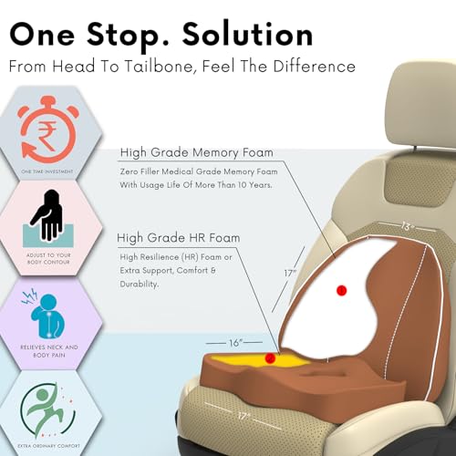 Image of Pillow Kit Memory Foam Back Support and Siting Cushion Ergonomic Adjust Sitting Position Relief Pain for Car or Office Chair. (Majestic tan, Spine Support)