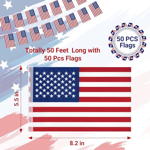 Image of 52FT 4th of July Decorations Outdoor, 50 PCS Fourth of July Banner, 5.5 x 8.2 Inches American String Flag Banner for Patriotic Independence Day Fourth of July Accessories Party Home Patio Decor