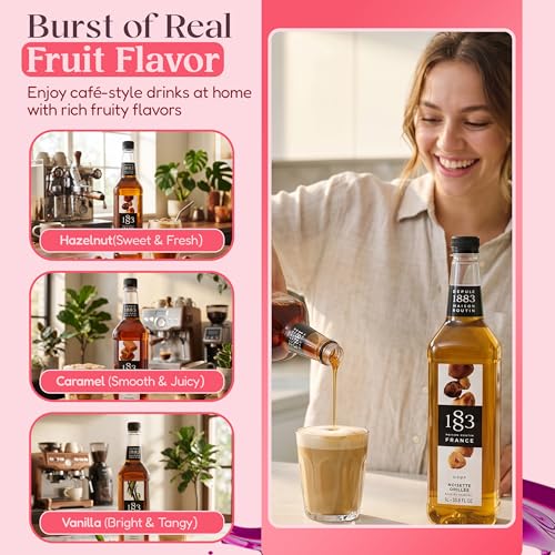 Image of 1883 Vanilla, Caramel, Roasted Hazelnut Syrups with Pumps (Coffeehouse Favorites) for Coffee & Drinks - 1 Liter Plastic Bottles (Pack of 3)