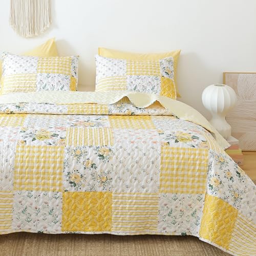 YIKUSH Floral Quilt Set Queen Size Ultra Soft Lightweight Bedspread 3 Piece Yellow Bedding Set (90x90) with Pillowcases (20x26) All Season Coverlet for Bedroom & Guest Room