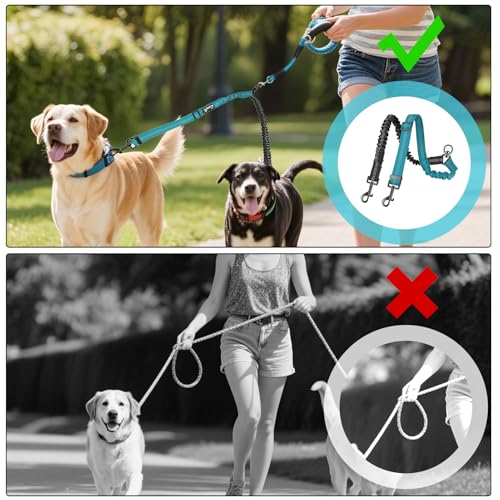 1 Stück Kein Verheddern 360° drehbarer Splitter Doppelleine fur Zwei Hunde,Doppelte Hundeleine,Verstellbare stoßdämpfende Bungee-reflektierende Leine für Hunde klein mittlere und große Lauftraining.