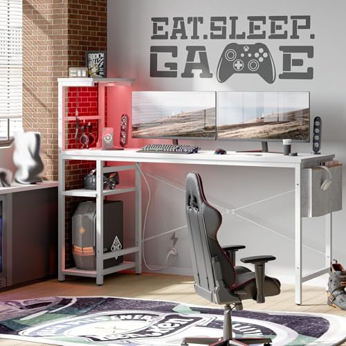 Image of Bestier Gaming Desk with Power Outlets, 61 Inch Large Led Gamer Desk with 4 Tiers Reversible Shelves, PC Gaming Table with Headset Hook & Side Storage Bag for Bedroom (White 3D Carbon Fiber)