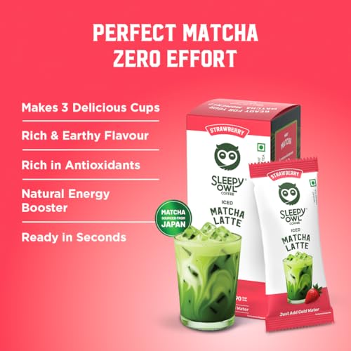 Image of Sleepy Owl Strawberry Iced Matcha Latte Premix Powder, Premium Japanese Matcha Green Tea Powder, Instant Premix Easy to Make Anywhere, Calm Energy & Focus, Natural Antioxidants, 3 Sachets