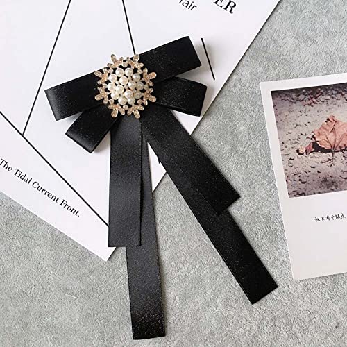 Image of Women Elegant Pearl Ribbon Bow tie Brooches Pin Jewelry Pre-Tied Collar Neck Tie Clip for Lady Girls Wedding Party