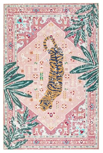 Aldopein B-3X5-PINK TIGER PERSIAN Tribal Rugs, 3X5 Pink Boho Small Area Rugs For Bathroom Kitchen Small Indoor Entryway Rug Modern Vintage Distressed Summer Tropical Jungle Carpet Non-Slip Washable thumb #6