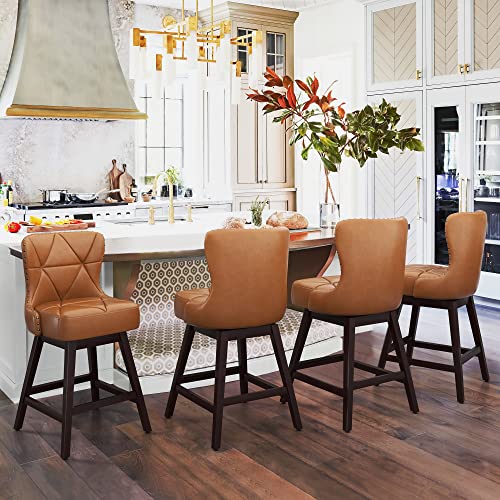 Cozyman Counter Height Bar Stools Set Of 2, 26"H Swivel Bar Stool With Back, Faux Leather Counter Stool, Solid Wood Legs, Retro Upholstered Barstools For Kitchen Island, Home Bar, Pub, Yellowish-Brown #TOP6