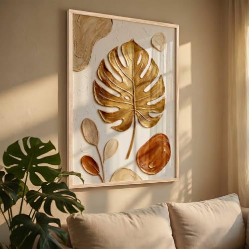 Image of kotart Golden Leaf Wall Art Home Decoration | Aesthetic Floral Paintings With Frame For Living Room Bed Room Hotel Wall Decor Digital Reprint (25x37 inch)