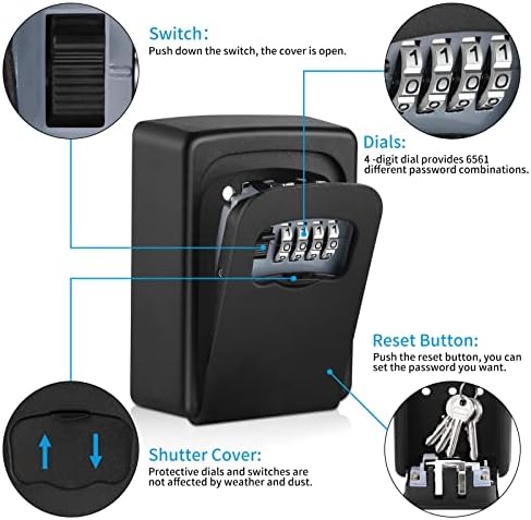 CDC® Wall Mounted Key Box for Home, Waterproof and Security Key Lock Box with Combination Lock, Large Capacity Outdoor key lock cabinet for Spare House Keys, Black