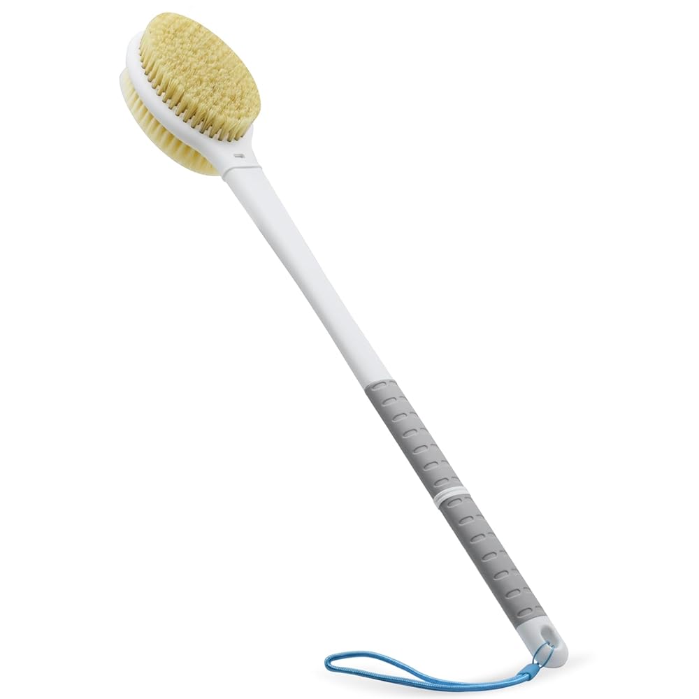 Shower Brush with Soft and Stiff Bristles,20.5 Extra Long Handle Dual-Sided Back Scrubber Bath Brush Body Exfoliator for Wet or Dry Brushing (Grey)(Super Long Handle)