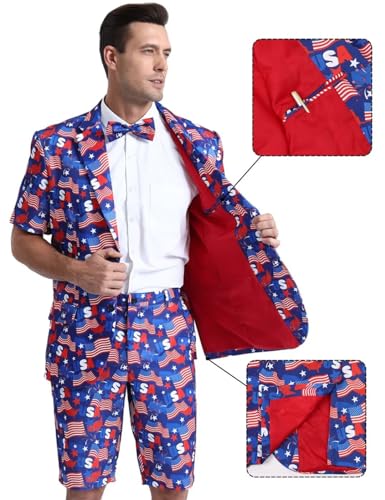 Men's 3-Piece American Flag Suits for 4th of July, Two Buttons Short Sleeve Blazer & Shorts & Tie & Bowtie4
