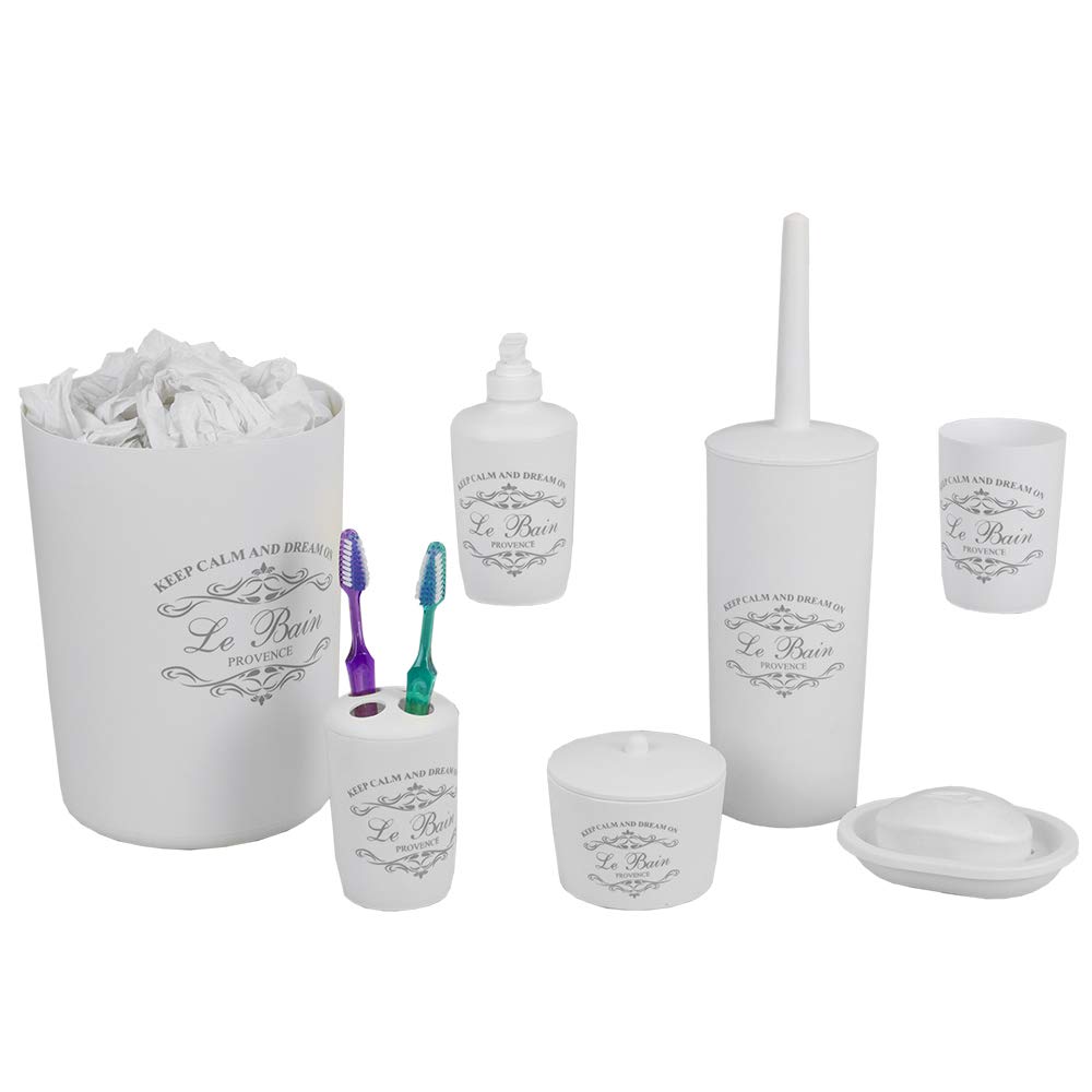 Home Basics Paris Collection 7 Piece Bath Ensemble Bathroom Accessory Set - Toilet Brush, Tumbler, Tootbrush Holder, Soap Holder, Lotion Dispenser and More! (White)