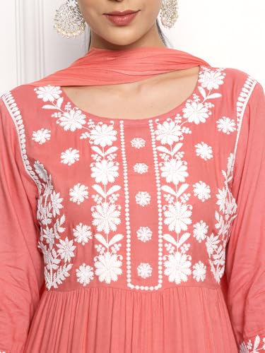 Image of Kaari Women's Chikankari Kurta Set with Dupatta -Fit & Flare Fit | Chiffon Dupatta with Embroidered Band | Straight Pant with Side Pocket | Kurta Set For Women