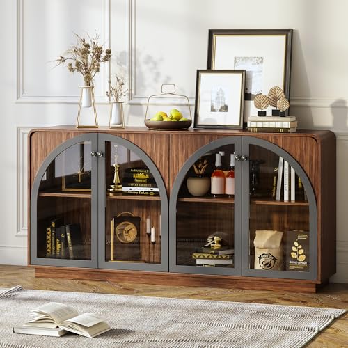 Image of Sideboard Buffet Cabinet with Storage, 68 inch Walnut Credenza Accent Cabinet Buffet Table w /4 Arched Glass Doors & LED Light, Modern Coffee Bar Liquor Cabinet w /2 Shelves for Kitchen Entryway