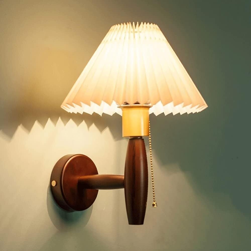 HXYSXHJUO Brass Pull Switch Wall Sconce Japanese Bedside Oak Light With Acrylic Pleated Shade E27 Retro Lighting Fixture Industrial Lamp For Corridor