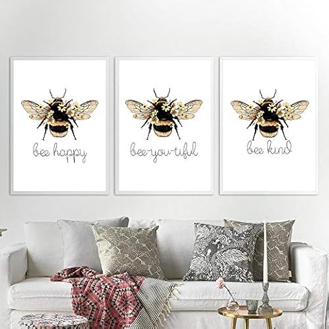 Inspirational Quote Poster and Print Bee Happy Kind Youtiful Wall Art Picture Sunflower Nature Art Canvas Painting Home Decor No Frame-30x40cmX3 Cover