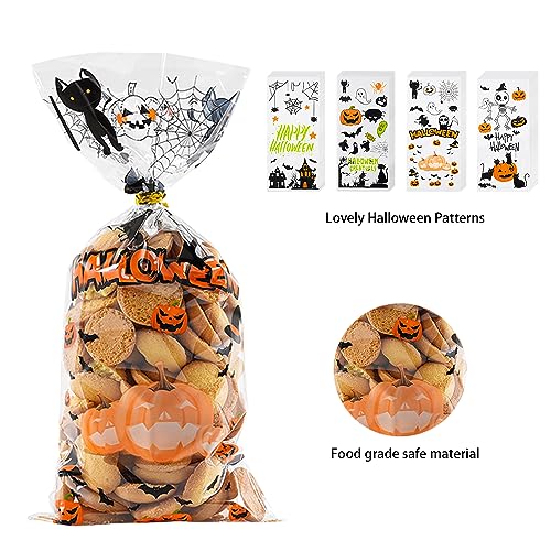 ONFAON Halloween Cellophane Treat Bags, 180pcs Halloween Trick or Treat Goody Gags with 200pcs Twists for Snacks Cookies Packing, Goodie Bags Party Supplies (10.8 * 4.9in)4