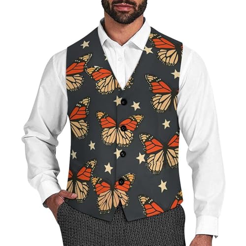 Monarch Butterfly U.S. Flag Suit Vest for Men Slim Fit Sleeveless Jacket V Neck Business Waistcoat Button Up Dressy Top