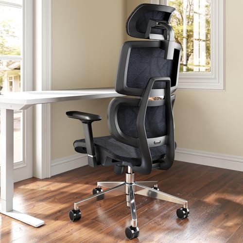 TONFARY Silla de Oficina Ergonómica, Todo Malla Silla de Escritorio de Oficina Soporte Lumbar, Reclinable Gaming Silla Reposabrazos Headret Ajustable, Grande y Alto Silla de Ordenador Giratoria, 150KG