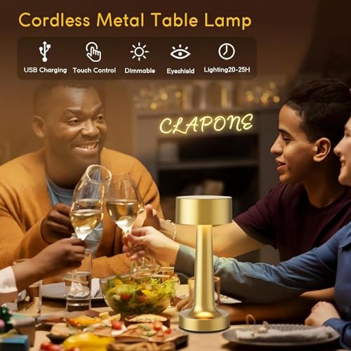 Image of CLAPONE Portable Rechargeable LED Lamp, Touch Control with Stepless Brightness & 3 Color Modes, Metal Table Lamp for Bedroom, Desk & Nightstand