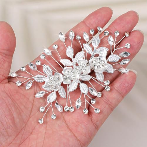 Haarschmuck Hochzeit, Glitzernde Braut Haarschmuck Strasssteine Haarspange Silber Kristall Blumen Kopfschmuck für Frauen Mädchen Braut Brautjungfer (Silber)