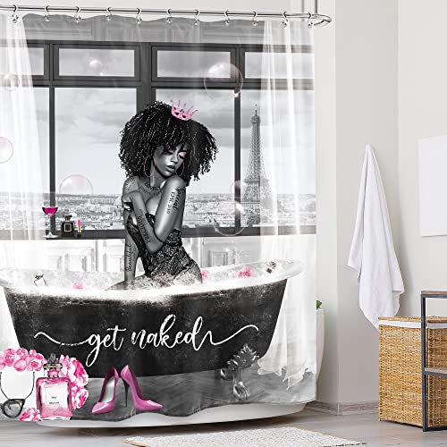 Glawry Sexy Black Girl Shower Curtain African American Woman Bathroom Curtains Set 60Wx72L Inches Get Naked Fashion Afro Lady Grey Pink Floral Bath Accessories Art Home Decor Fabric 12 Pack Hooks #TOP1