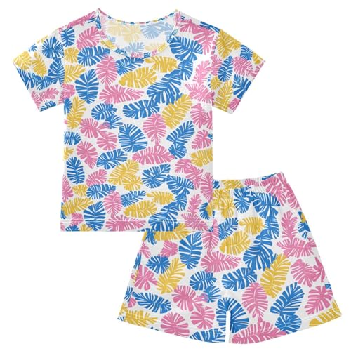 ALAZA Tropical Palm Leaves Blue Yellow Pajamas Set Short Sleeve Cotton Sleepwear Summer Pjs 2 Piece 5-14Y