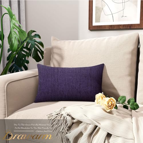 Image of BRAWARM Pack of 2 Bolster Pillow Covers Cases for Couch Sofa Home Decoration Solid Dyed Striped Soft Chenille 12 X 20 Inches Plum Purple