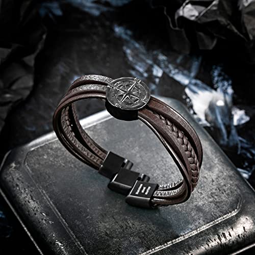 Pulsera de cuero y acero para hombre con brújula miniatura 3