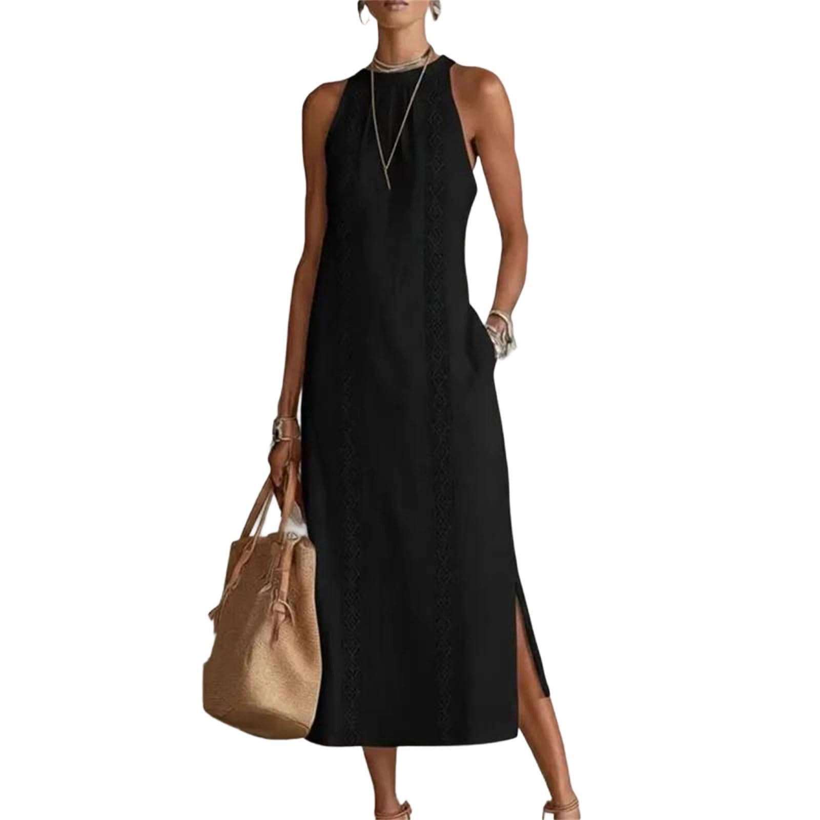 Generico Abiti Boho da Donna | Abito Estivo 2026 Senza Maniche con Collo all'Americana, Inserti in Pizzo e Tasche | Ideale per Vacanze e Tempo Libero