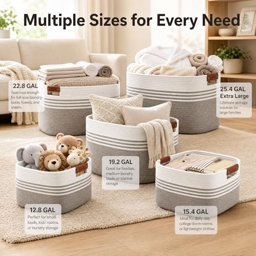 Image of Cotton Rope Laundry Basket Extra Large, 22.8GAL Collapsible Woven Storage Baskets for Living Room Kids Toys Stuffed Animal,Boho Rectangular Decorative Hamper for Dirty Clothes, Blankets White Brown