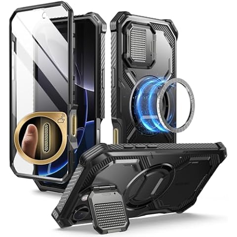 i-Blason Armorbox for iPhone 16 Pro Max Case MagSafe [Camera Control Button Cover] [Camera Cover Stand] [Military Protection] Full-Body Magnetic Phone Case with Built-in Screen Protector, Black Cover
