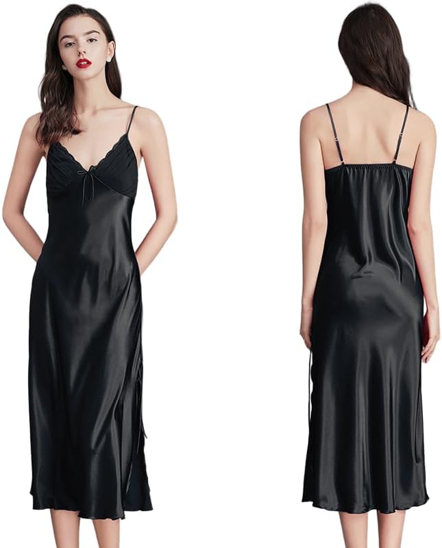 [売店] 婦人用サテンローブ、 レディース Vネック スパゲッティストラップ 半袖 ナイトガウン、レッド ブラック、複数サイズ