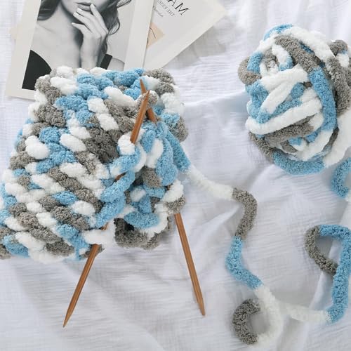 Image of MABOZOO Tie Dye Chunky Yarn for Crocheting 8 Pack,Sky Blue Fluffy Jumbo Chenille Yarn,Soft Plush Yarn Bulky,Giant Thick Fuzzy Yarn for Hand Knitting or Arm Knitting (29 yds,8 oz Each Skein)