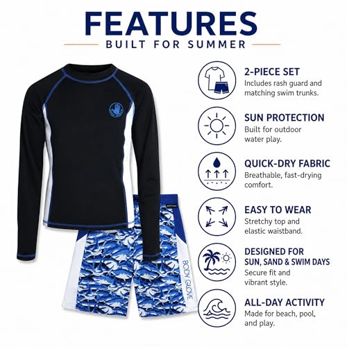 Image of Body Glove Boys Swim Set - 2 Piece Boys Swim Trunks with Rash Guard UV Protection Swimsuit Kids Bathing Suits (Sizes 4-12)