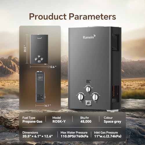 Image of Ranein 8L Propane Tankless Water Heater, Outdoor Up to 2.11 GPM, 48,000 BTU On-Demand Instant Hot Water Heater