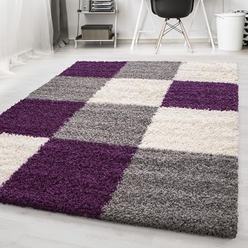 Carpetsale24 Hochflor Teppich Shaggy kariert 200x290 cm Violett, weich & flauschig, modernes Karo Design, rechteckig, ideal für große Wohnzimmer oder Esszimmer, dekorativ & gemütlich