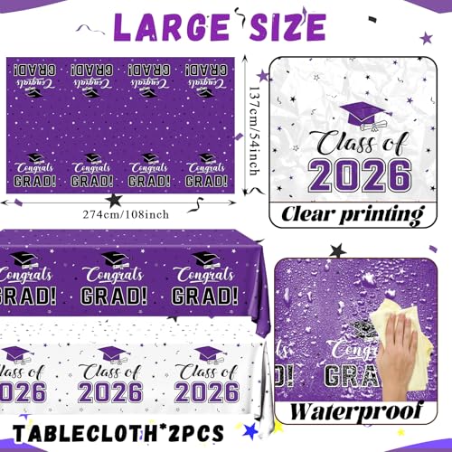Image of 2026 Graduation Decorations,Congrats Grad Tablecloth 2pcs White Purple Class of 2026 Table Covers Rectangle for Graduation Party Supplies,108x54inch(Purple)