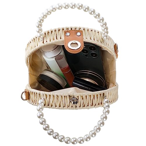 Handwoven Round Rattan Bag, 8" Straw Crossbody Bags with Adjustable Straps, Top Pearl Handle Wicker Tote Bag, Boho Summer Beach Basket Purse, Flower Woven Shoulder Bag for Women Lady4