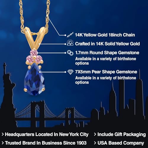 Gem Stone King 14K Yellow Gold Blue Created Sapphire and Pink Lab Grown Diamond Pendant Necklace for Women | 1.06 Cttw | Gemstone September Birthstone | Pear Shape 7X5MM | With 18 Inch Chain2