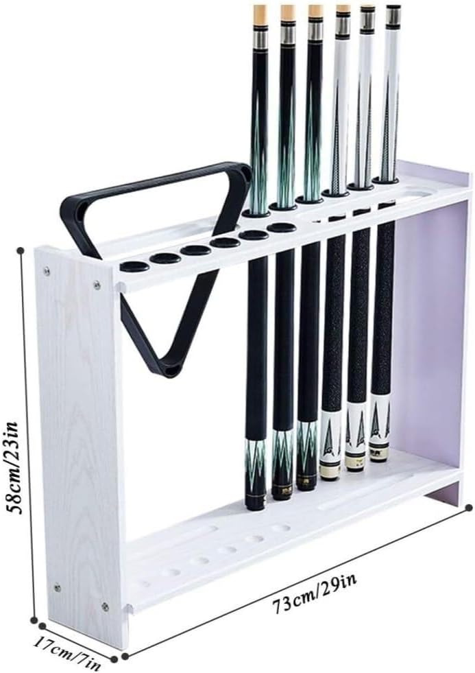 Pool Cue Rack Wood Billiard Cue Stand, White Floor Holder for 12 Cues with Tripod & Ball Storage, Stylish & Sturdy