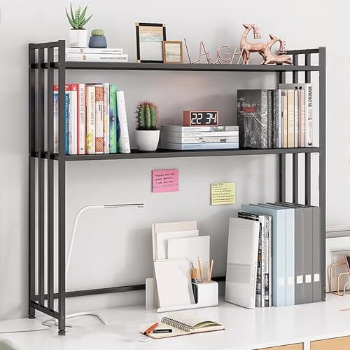 2-Tier Metal Desk Hutch for Dorm & Home Office, Adjustable Desktop Bookshelf Organizer, Stylish Gold White Storage Rack for Computer & Countertop Use (55cm/21.6")