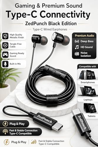 Image of Gaming Type-C Wired Earphone with Mic, 10mm Dynamic Bass Driver, Magnetic in-Ear Headphones, Low Latency Sound for Gaming, 1 Button Control, HD Calling, Voice Assistant, (Black)