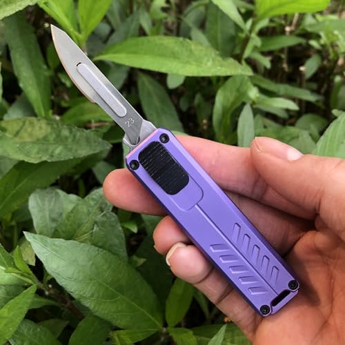 Automatic Utility Knife, Safety Black Box Cutter Retractable, EDC Push Button Knife, Exacto Scalpel Knife, 10PCS #23 Razor Blades Pocket Knife with Clip (Purple)