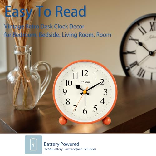 Image of Tinload 4.5 inch Vintage Retro Analog Alarm Clock, Super Silent Non Ticking Small Clock with Manual Light, Snooze, Battery Operated, for Living Room, Bedroom, Bedside, Desk(Orange)