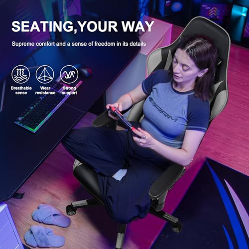 GTPLAYER Gaming Chair with Footrest, Ergonomic Computer Game Desk Chair, Reclining Game Chair Seat Height Adjustment, Swivel Rocker with Headrest and Lumbar (Grey) - Image 3