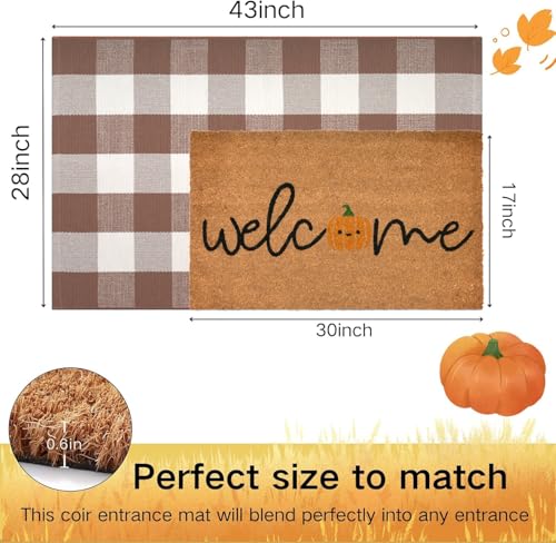 Fall Door Mat Combo Set, Welcome Coco Coir Welcome Doormat + 28" x 43" Mocha and White Plaid Rug - image 2