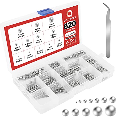 QCQIANG 620Pcs 12 Size Precision Steel Balls, Coin Ring Making Balls Assortment Kit 1mm, 2mm, 2.5mm, 3mm, 3.5mm, 4mm, 4.5mm, 5mm, 5.5mm, 6mm, 7mm, 8mm