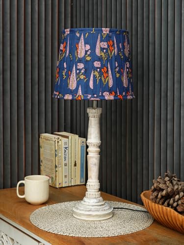 Image of Green Girgit Wooden Distress White Empire Lamp with Pleeted Multicolor Blue Leaf Lamp Shade