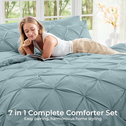 Image of Sasttie King Size Comforter Set, 7-Piece Bed in a Bag, Pintuck Bedding Sets for All Season, Includes Comforter, Flat Sheet, Fitted Sheet, Pillowcases and Pillowshams, Greylish Blue